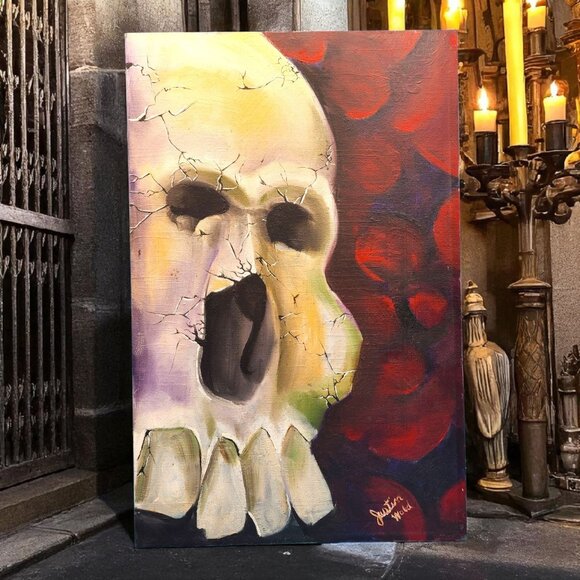 Tattoo Art Skull Painting Justin Wold Signed on Canvas Gothic Decor 11x17" - Picture 1 of 10